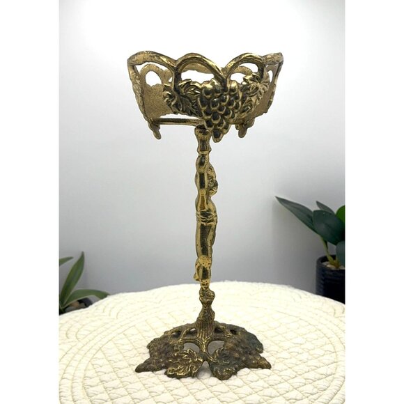 Vintage Gold Brass Cherub Candle Holder With Grapevine Design - Picture 3 of 15